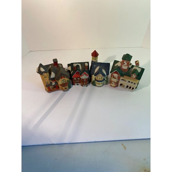 Vintage Ceramic Christmas Village Set Of 4 Decorative Houses With Snow Accents & - Picture 4 of 6